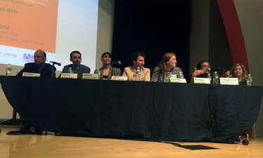 Candidates for City Council District 4 at last night's forum. From left: Barry Shapiro, Keith Power, Bessie Schacter, Jeff Mailman, Rachel Honig, Maria Castro, and Vanessa Aronson. Photo: David Meyer