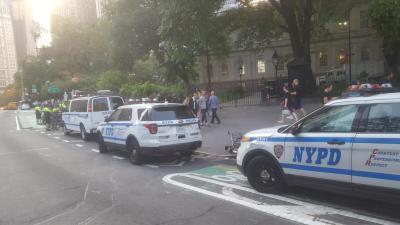 NYPD parked smack in the middle of the new City Hall bike lane yesterday. Photo: Paul Steely White