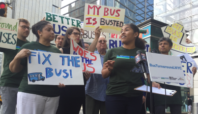 Members of the Bus Turnaround Coalition shared their "Woes on the Bus" this morning. Photo: David Meyer