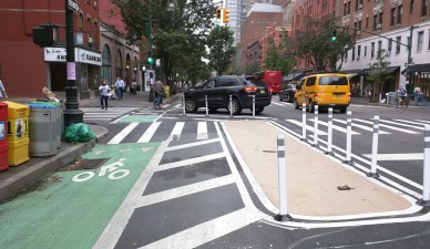 DOT recently redesigned of the intersection of Columbus Avenue and 70th Street to make cyclists more visible to drivers turning across the bike lane.