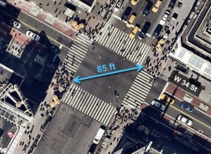 All-pedestrian signals can delay buses and make sidewalk crowding worse at typical high-volume intersections like Seventh Avenue and 34th Street, according to DOT. Image: DOT