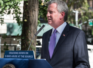 Mayor de Blasio speaking yesterday on the Upper West Side. Photo: Edwin J. Torres/Mayoral Photography Office