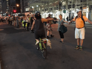 Volunteers formed a "human-protected bike lane" last night on Fifth Avenue. Photo: Brooklyn Spoke