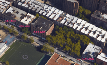 An affordable housing developer wants to expand the Valley Lodge transitional homeless shelter and build new apartments on the sites of three parking garages between Amsterdam Avenue and Columbus Avenue on W. 108th Street. Photo: Google Maps