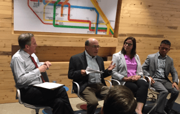 From left: TransitCenter's David Bragdon interviewing former MTA staffers Larry Gould, Sarah Kaufman, and Chris Pangilinan. Photo: David Meyer