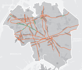Highlighted routes are Vision Zero priority corridors that NYC DOT has identified as especially dangerous. Only the green routes have bike lanes of any type. Map: TransAlt