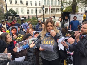 Milli Muniz, whose husband Delmer Maldonado was killed by a hit-and-run driver last August, speaking alongside other members of Families for Safe Streets. Photo: David Meyer