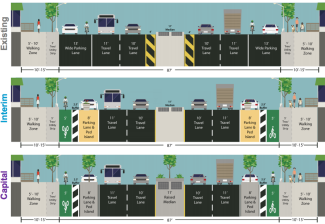 The plan calls for protected bike lanes, with the redesign of 27 blocks using low-cost materials slated for this spring, ahead of a full street reconstruction set to begin in the fall. Image: DOT