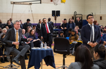 Council Member Carlos Menchaca and Mayor de Blasio at last night's town hall. Photo: Edwin J. Torres/Mayoral Photography Office