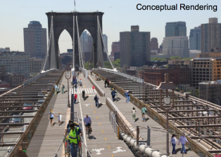 The city plans to study whether the Brooklyn Bridge's suspension cables can handle the additional weight of a wider promenade. Image: DOT