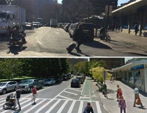 Recently-repaved Clinton Street (top) is still waiting for DOT repaint markings for biking and walking (bottom). Top photo: David Meyer; bottom via Google Maps