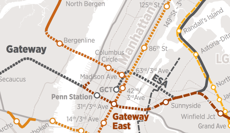 RPA's Fourth Regional Plan calls for a total of eight regional rail tracks under the East River (adding two to the four existing tunnels, plus the two East Side Access tracks under construction), but comparable service could be provided with six tracks if LIRR shares its infrastructure. Map: RPA