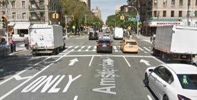 The block of Amsterdam Avenue where the driver of an illegal, oversized tractor-trailer critically injured a man yesterday. Photo via Google Street View