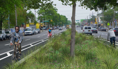 The DOT plan calls for raised center-running bike lanes along the median of Atlantic Avenue. Image: DOT