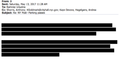 An email from de Blasio to his aides and DOE officials after the press caught wind of the mayor’s teacher placard deal, blacked out by City Hall.