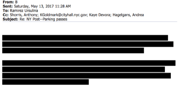 An email from de Blasio to his aides and DOE officials after the press caught wind of the mayor’s teacher placard deal, blacked out by City Hall.
