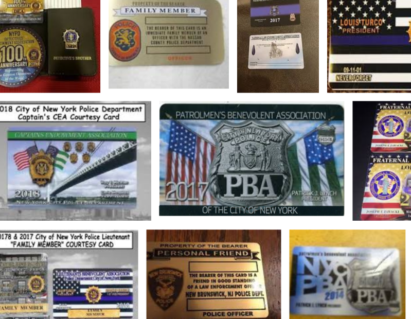 "Get out of jail free" cards from the PBA and other local police unions. Via Google image search