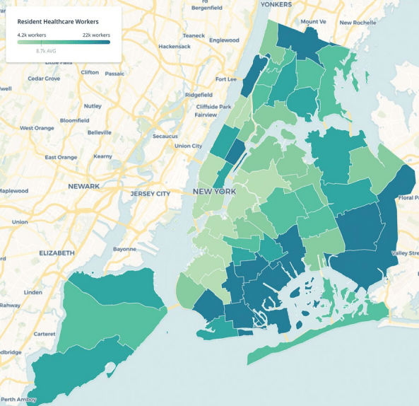 Healthcare workers tend to live beyond the central neighborhoods served well by the subway system. Map: Center for an Urban Future