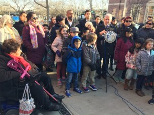 Council Member Jimmy Van Bramer alongside P.S. 11 students, parents, and teachers yesterday afternoon. Photo: David Meyer