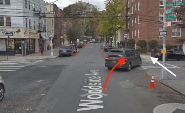 A motorist killed a senior at Woodside Avenue and 57th Street in Queens. The red arrow indicates the path of the driver, and the white arrow represents the path of the victim, according to NYPD. Image: Google Maps