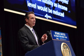 Governor Cuomo unveiling his budget, which said nothing about a toll cordon. Photo: Flickr/NY Governor Cuomo