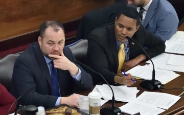 Speaker Corey Johnson (left with Council Member Ritchie Torres) has unveiled his speed camera bill. Photo: John McCartin for NYC Council
