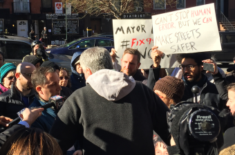 Mayor de Blasio stopped to speak to Doug Gordon on his way to the gym this morning, but made no promises about redesigning 9th Street. Photo: David Meyer