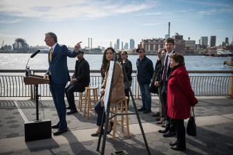 Mayor de Blasio announcing the construction of a new ferry dock on the Lower East Side yesterday. Photo: Ed Reed/Mayoral Photography Office