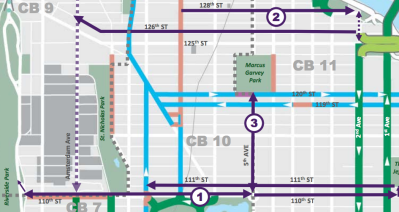 The bike projects would affect streets marked in purple. Map: DOT