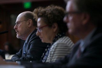 MTA Chair Joe Lhota, left, testifying at City Hall today with Managing Director Ronnie Hakim and Budget Director Doug Johnson. Photo: Williams Alatriste for NYC Council