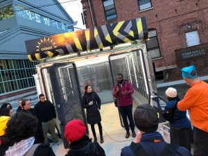 Oonee Pod CEO Shabazz Stuart speaking at a launch event for his secure bike parking prototype in April. The pod is coming next month to Lower Manhattan. Photo: Ben Fried