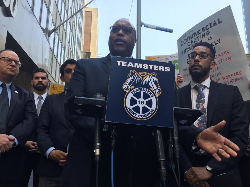 Teamster Local 813 President Sean Campbell, at podium, speaking alongside Council Sanitation Chair Antonio Reynoso, at right. Photo: David Meyer