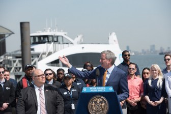 This baby can fit so many subsidies on it! Mayor de Blasio inaugurates the boondoggle NYC Ferry. Photo: Michael Appleton/Mayoral Photography Office
