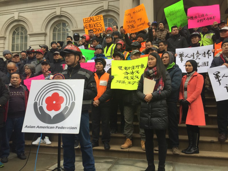 Delivery workers protesting the mayor's crackdown in December. Photo: David Meyer