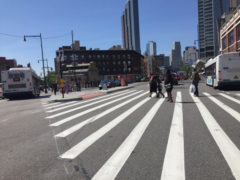 A newly-installed median on Flatbush Avenue between Atlantic Terminal and the Barclays Center. Photo: David Meyer