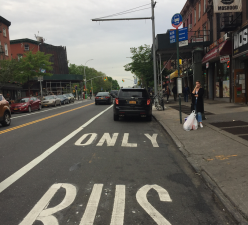 New bus lanes are in place, but not yet in effect, on Fulton Street. Photo: Jon Orcutt