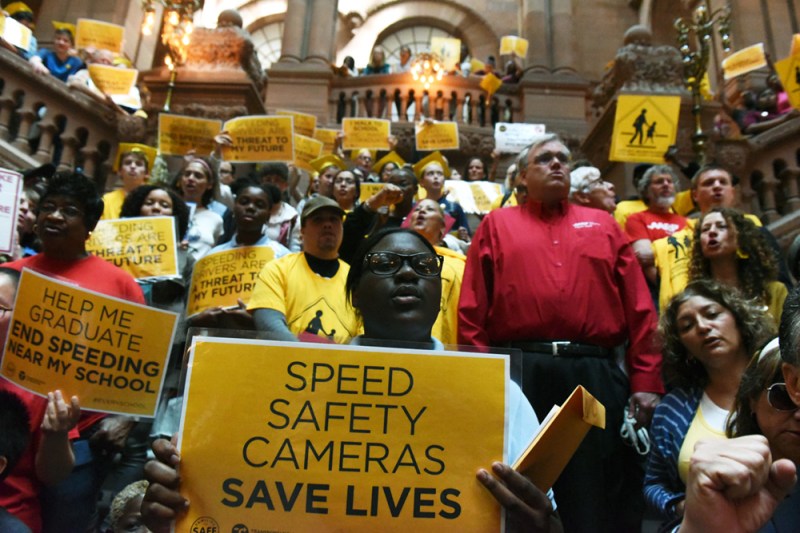 Members of Families for Safe Streets and allies rallying in Albany. Photo: Transportation Alternatives