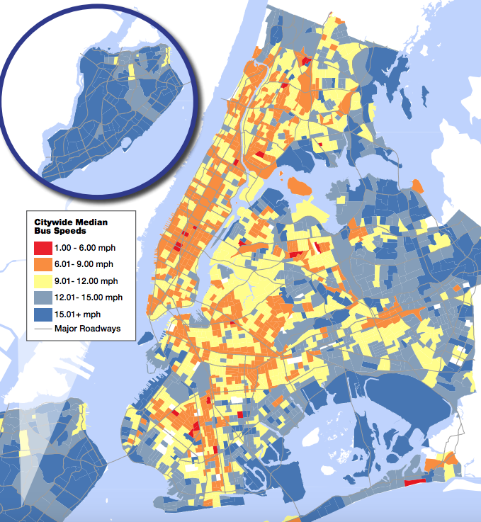 Citywide bus speeds average just 7.4 mph. In this map, NYC DOT identifies slow zones and pinch points during the p.m. rush -- streets where bus priority would be especially useful. All graphics via NYC DOT