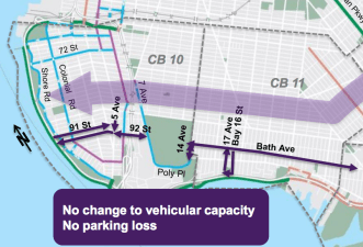 The bulk of DOT's plan for east-west bike connections in southern Brooklyn consists of sharrows on Bath Avenue. Image: DOT
