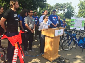 DOT Commissioner Polly Trottenberg and Borough President Ruben Diaz Jr. at the launch of a dockless bike-share pilot in the Bronx this morning. Photo: David Meyer