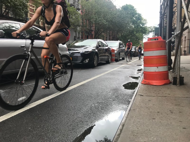 Riders have started using the twin protected bike lanes on 26th Street and 29th Street in Manhattan. Here is some westbound traffic. All photos: Gersh Kuntzman