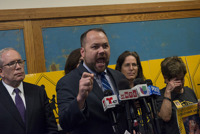 With Governor Cuomo and Mayor de Blasio, City Council Speaker Corey Johnson has engineered a plan to turn the city's speed cameras back on before school starts next week. Photo: Jeff Reed for NYC Council