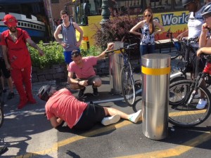 Another cyclist was injured on the Hudson River Greenway on Sunday because the security bollards are too close together. Photo: Ken Coughlin
