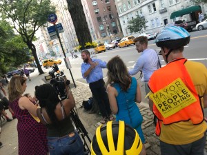 TransAlt's Paul Steely White urged the city to make protected bike lanes the standard that should not wait for deaths like Madison Lyden's last week on Central Park West. Photo: Gersh Kuntzman