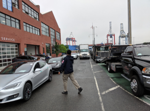 Thanks to Tesla, there's no room for biking and walking on Summit Street in Red Hook. Photo: Ben Duchac