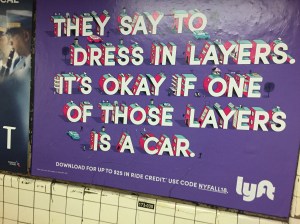 The supposedly anti-car company Lyft seems to be very pro-automobile in this new subway ad. Photo: David Meyer