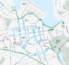 Proposed bike lane projects for Corona, Jackson Heights, and East Elmhurst. The dotted lines indicate the proposed routes: blue for painted lanes, green for protected lanes, and purple for sharrows. Image: DOT