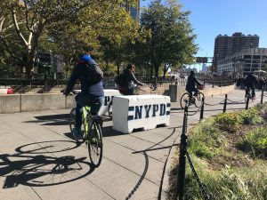 So the NYPD put up new barriers to the Brooklyn Bridge bike and foot path on Tuesday, citing unspecified threats. Photos: Gersh Kuntzman