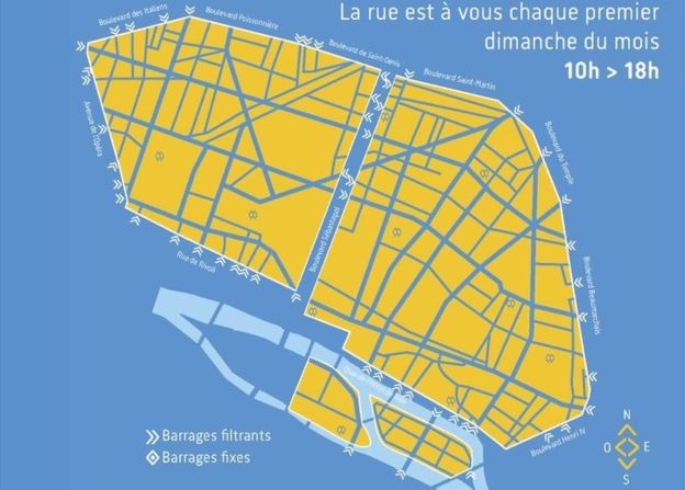 A big part of central Paris won't have cars, under a new plan. French speakers will notice that the map refers to the existing Sunday car-free hours. This is the scheme that would be expanded under the mayor's plan. Photo: City of Paris