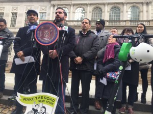 Council Member Rafael Espinal, podium, is the lead sponsor on a package of bills aimed to allow e-bikes and e-scooters on city streets. Photo: David Meyer